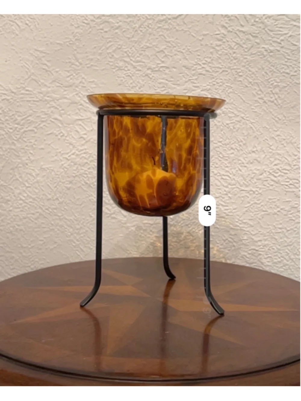 VTG Cheetah Leopard Candle Holder Amber Black Glass Metal Stand